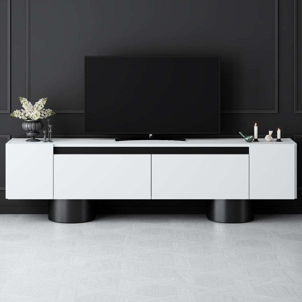 TV Meubels - TV Meubel Wit Bohem 180x50x30 - Zwart Frame - Dimehouse