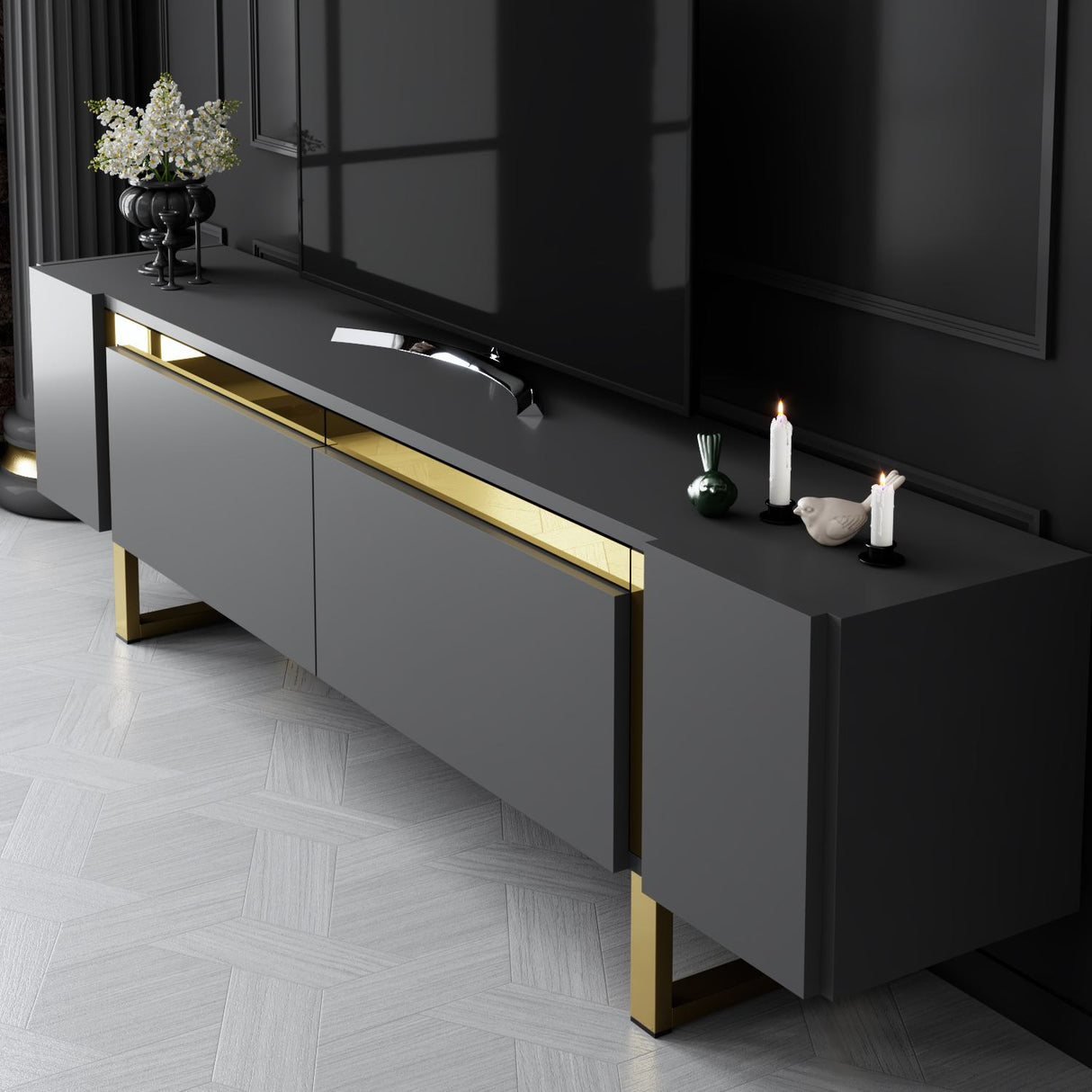 TV Meubels - TV Meubel Antraciet Yildiz 180x50x30 - Gouden Frame - Dimehouse
