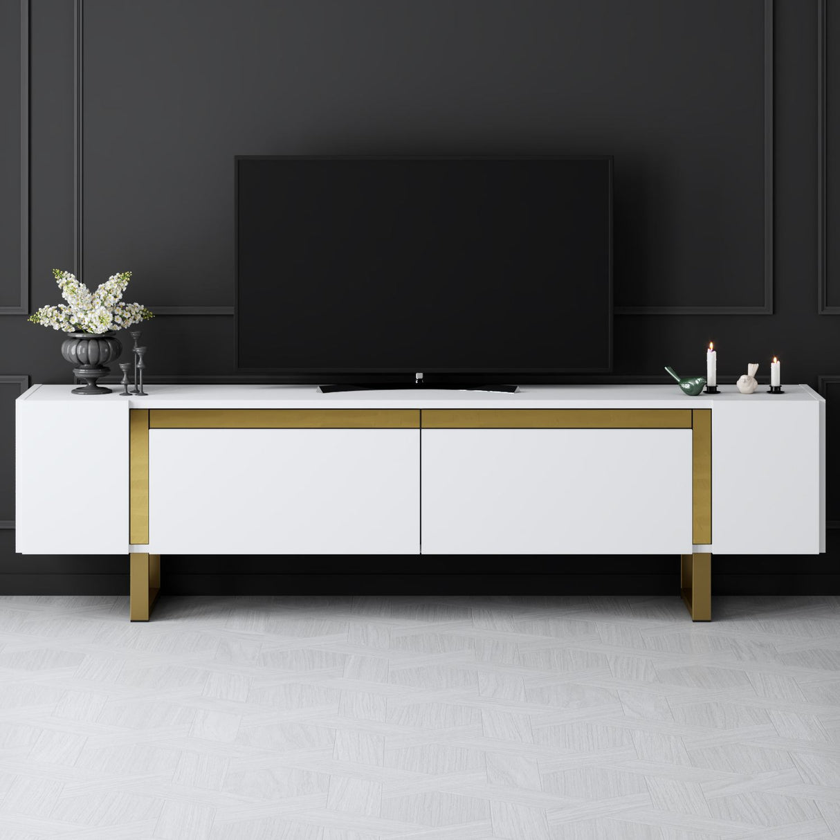 TV Meubels - TV Meubel Wit Yildiz 180x50x30 - Gouden Frame - Dimehouse