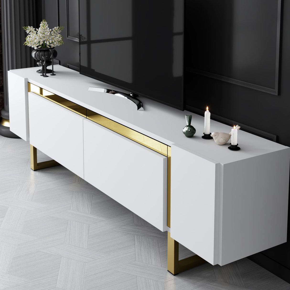 TV Meubels - TV Meubel Wit Yildiz 180x50x30 - Gouden Frame - Dimehouse