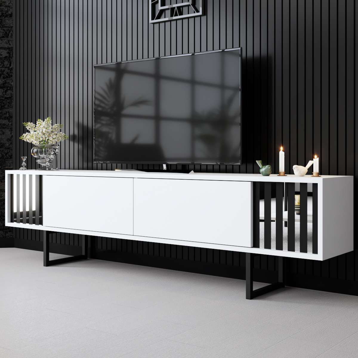 Mobile TV Bianco Cromo Linea 180x48x30 - Telaio Nero