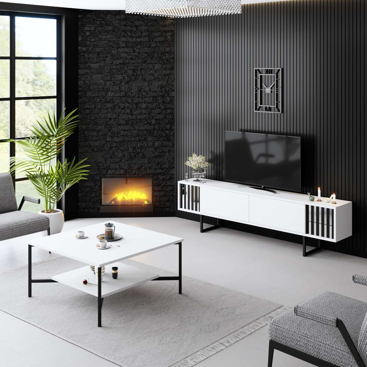 Mobile TV Bianco Cromo Linea 180x48x30 - Telaio Nero