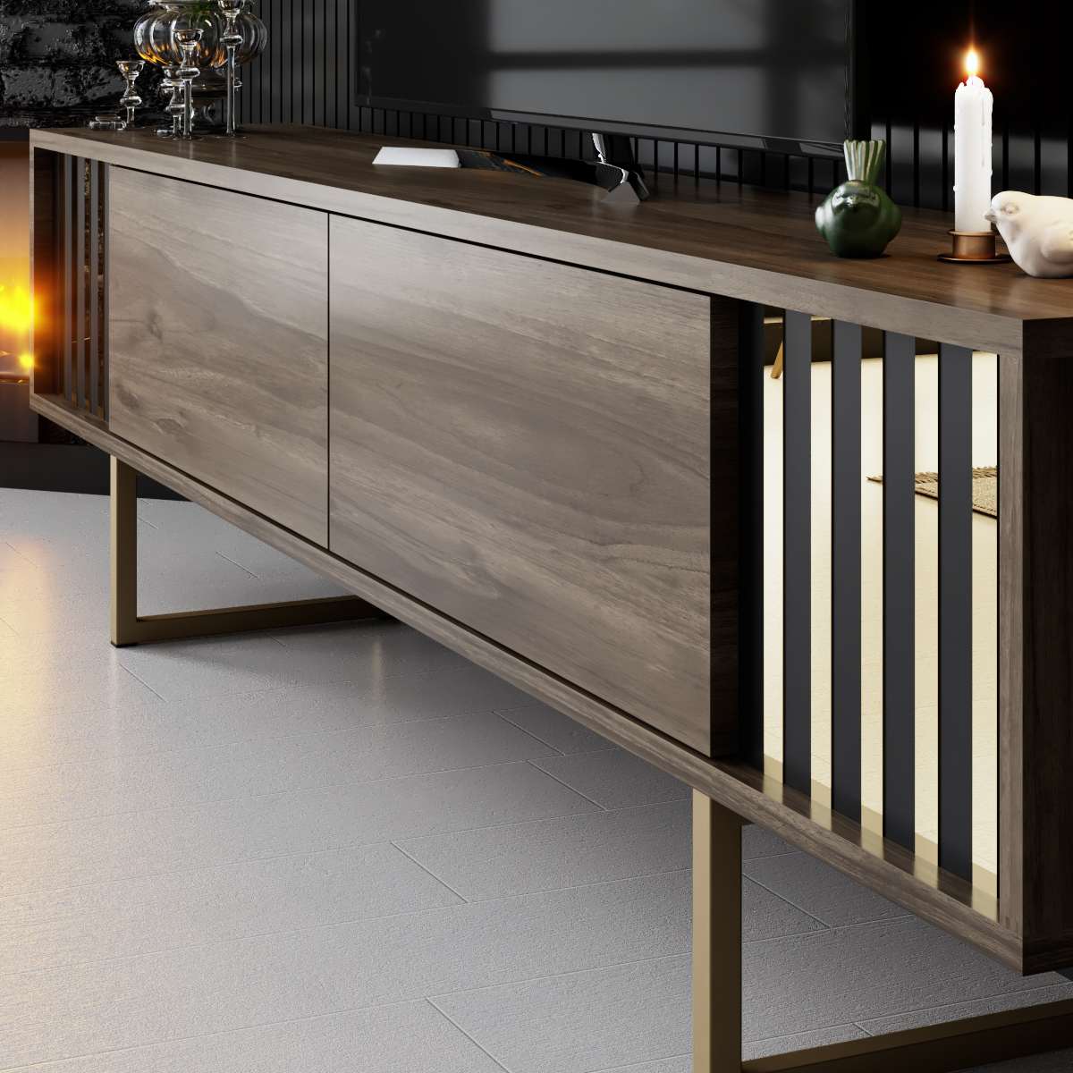 TV Meubels - TV Meubel Walnoot Gold Line 180x48x30 - Gouden Frame - Dimehouse