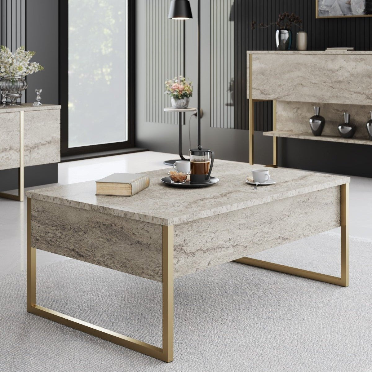 Salontafels - Rechthoekige Salontafel Travertin Luxe 90x60 - Gouden Frame - Dimehouse