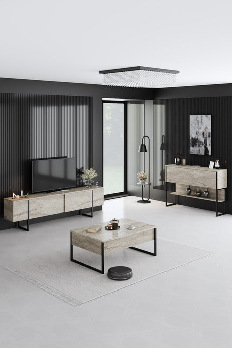 Dressoirs - Modern Dressoir Travertin Luxe 120x80x35 - Zwart Frame - Eén Vak - Dimehouse