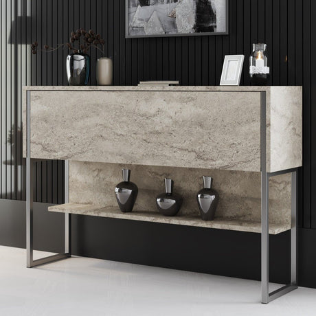Dressoirs - Modern Dressoir Travertin Luxe 120x80x30 - Zilver Frame - Eén Vak - Dimehouse