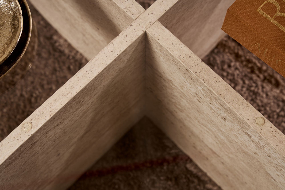 Tavolino rotondo Aris melaminico travertino e vetro trasparente 75 cm