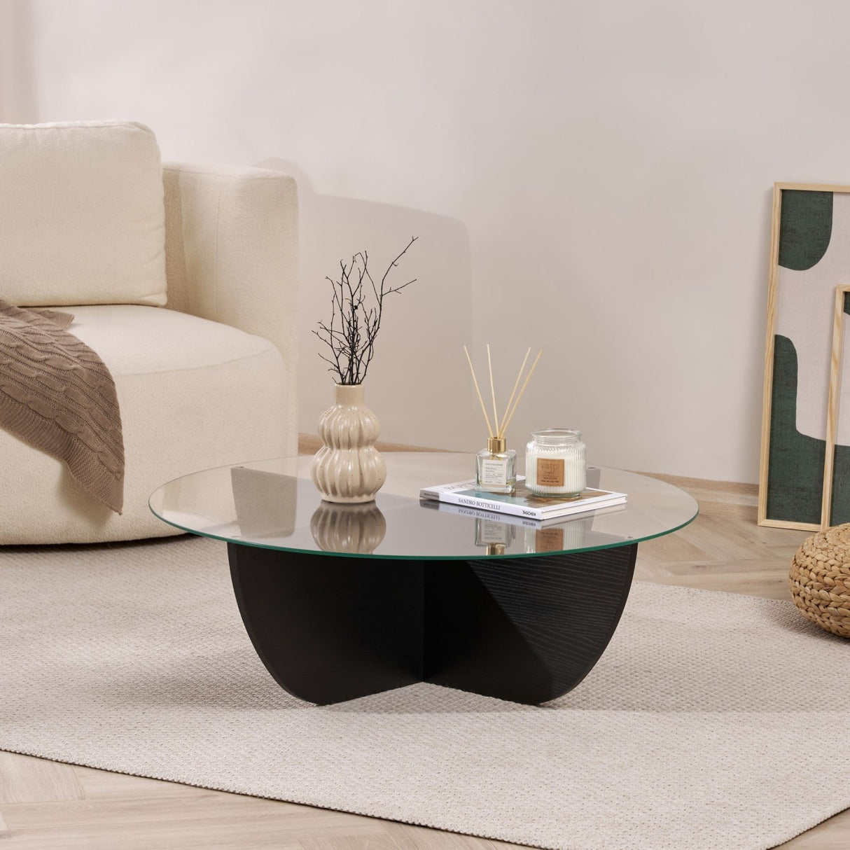 Tavolino Liya ovale aspetto legno nero 90 cm Vetro temperato