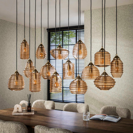 Hanglampen - Hanglamp Mali 15 - lichts geribbeld glas amberkleurig - Dimehouse