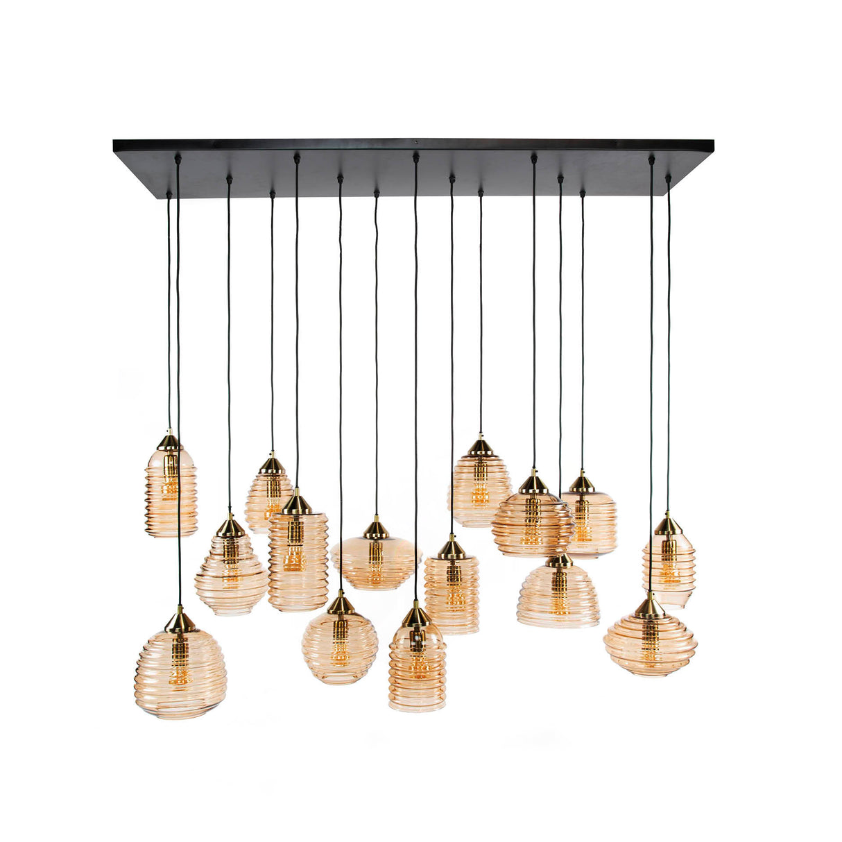 Lampada a sospensione Mali a 15 luci in vetro rigato color ambra
