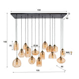 Lampada a sospensione Mali a 15 luci in vetro rigato color ambra