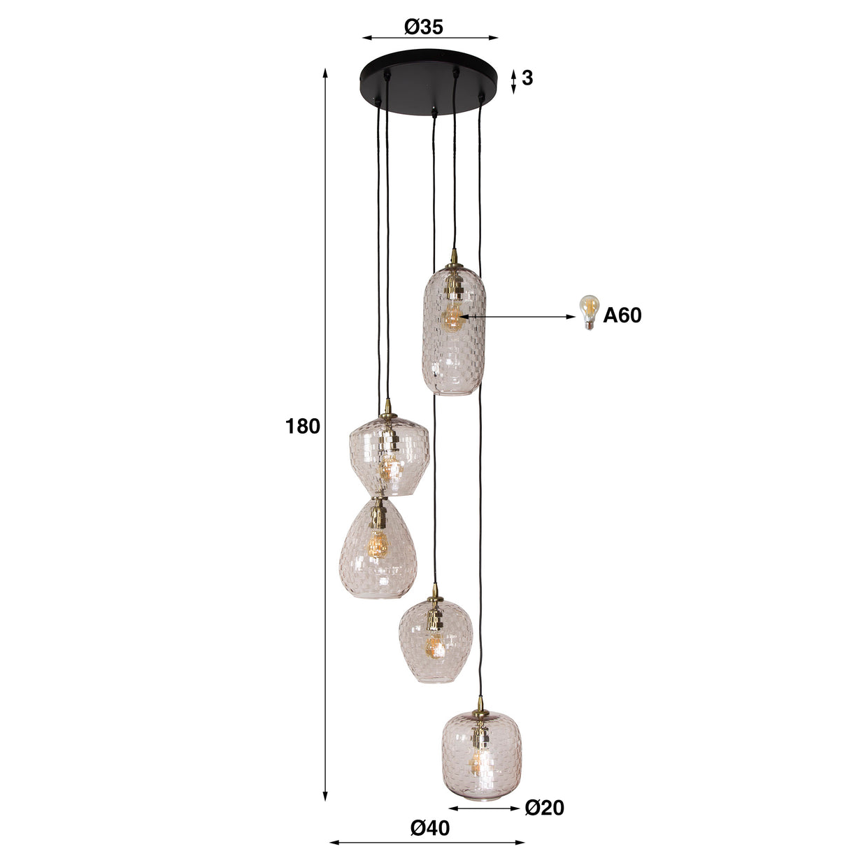 Hanglampen - Glazen hanglamp Feline 5L getrapt - Dimehouse