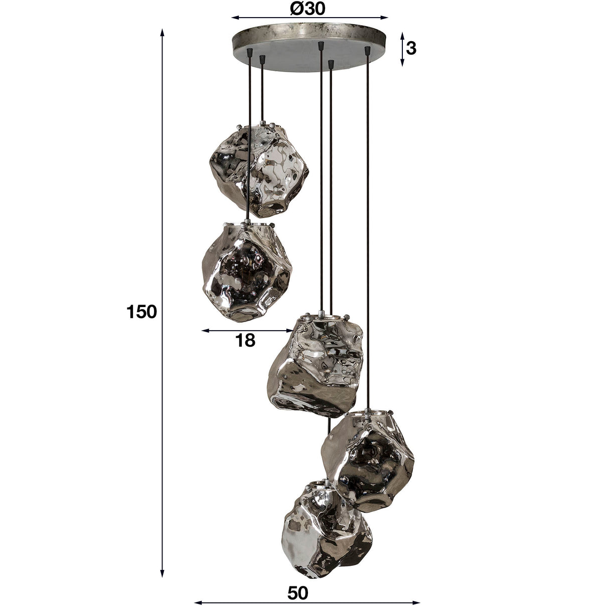 Lampada a sospensione Rocks DH Interior Cromato LxLxH 79x55x36 Vetro Bianco Indicazione dimensione foto