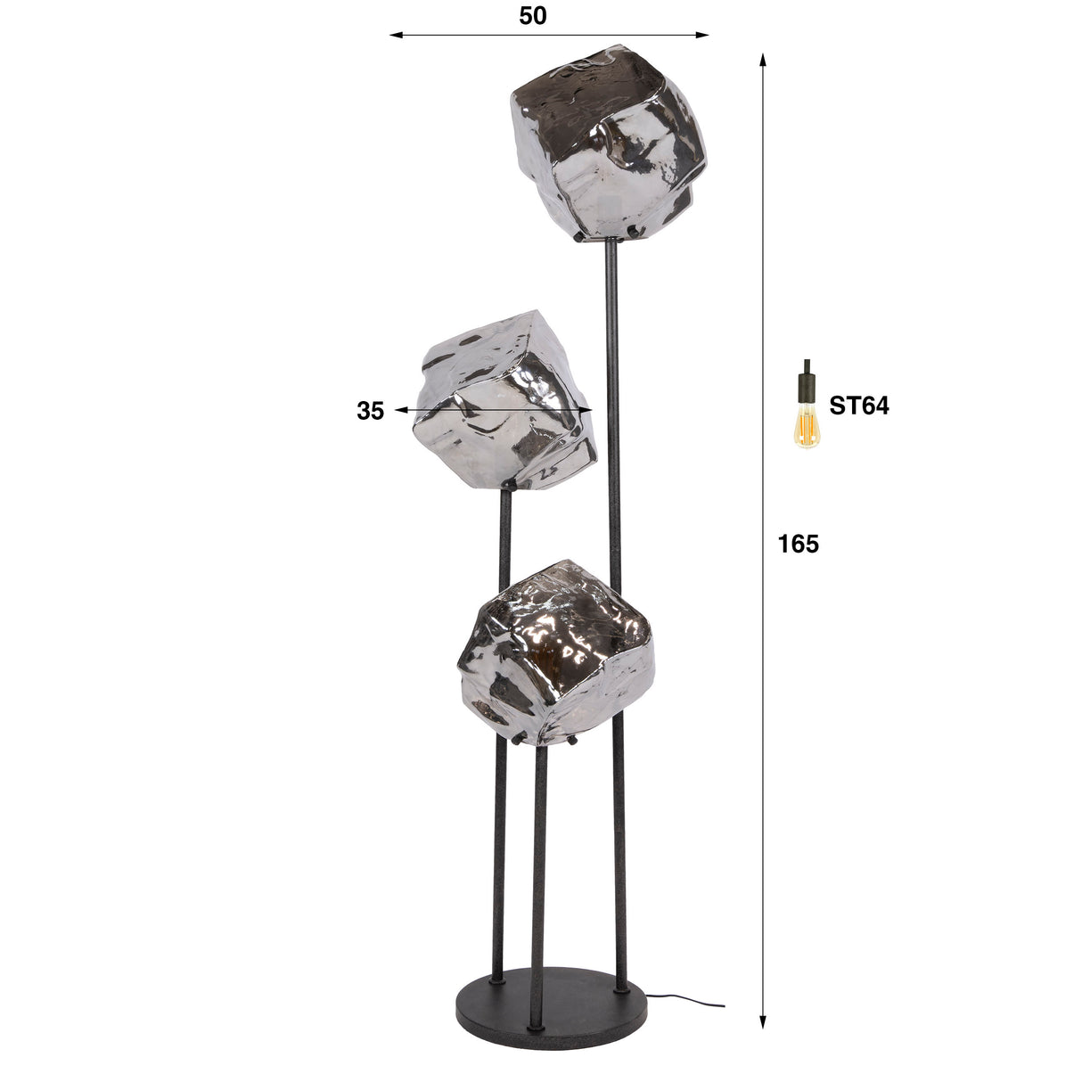Vloerlamp 3-lichts getrapt chroom glas Rocks