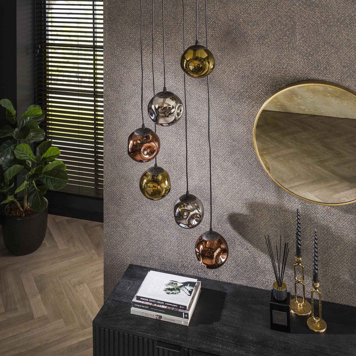 Lampada a sospensione Ada 6 luci a gradini in vetro colorato
