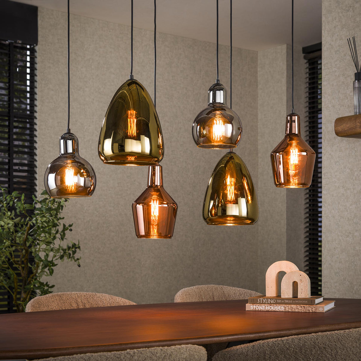 Lampada A Sospensione Industriale Pam Vetro Colorato Misto 6 Luci