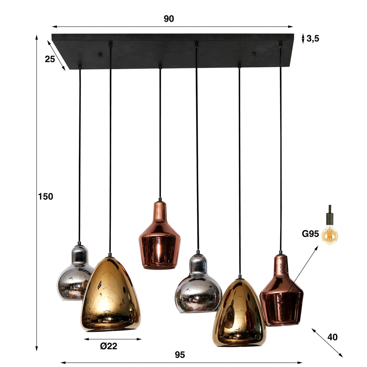 Hanglampen - Industriële Hanglamp Pam Gekleurd Glas Gemixt 6 - Lichts - Dimehouse