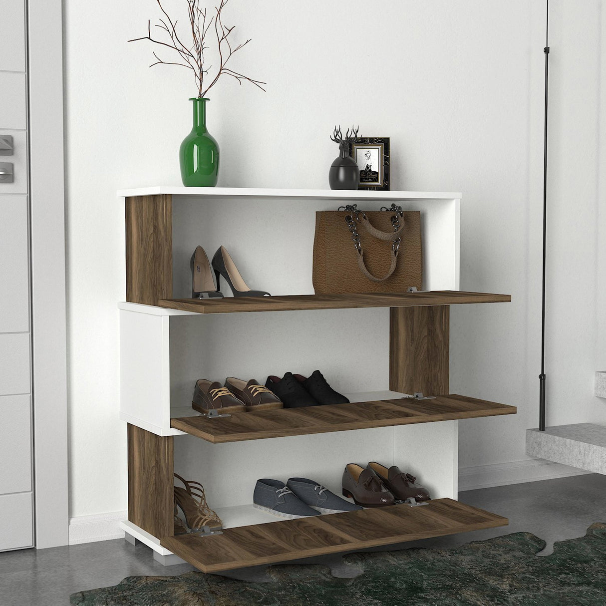 Schoenenkasten - Schoenenkast Napolyon Wit Walnoot Melamine 90x93x30 cm - Dimehouse