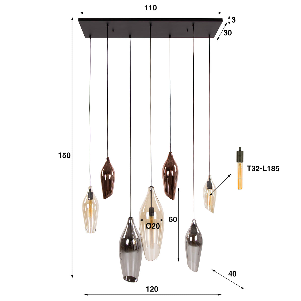 Hanglampen - Moderne Hanglamp Coco 7 - lichts gekleurd glas - Dimehouse