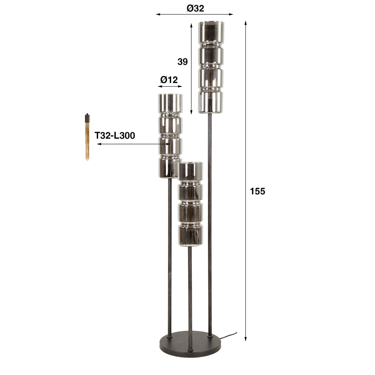 Lampada da terra Kik a 3 luci cilindriche a gradini in vetro