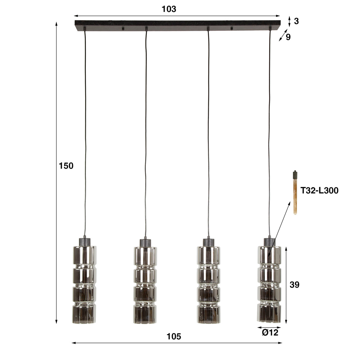 Hanglampen - Hanglamp Kik 4 - lichts cylinder glas - Dimehouse