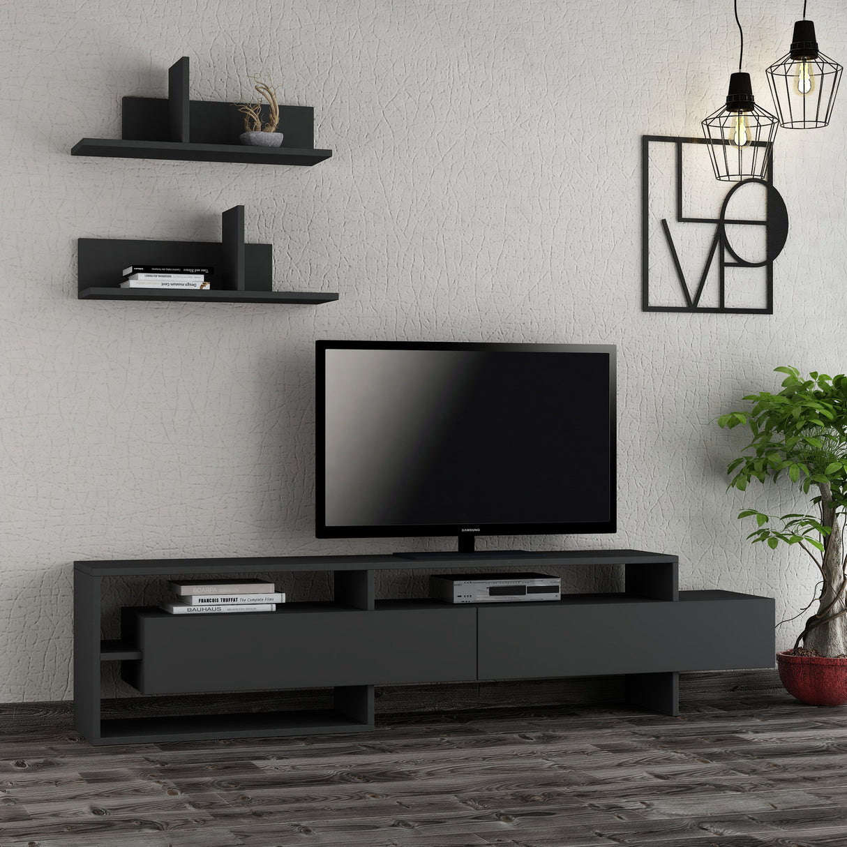TV Meubels - TV Meubel Set Gara Antraciet Melamine 180x42x32 cm - Dimehouse
