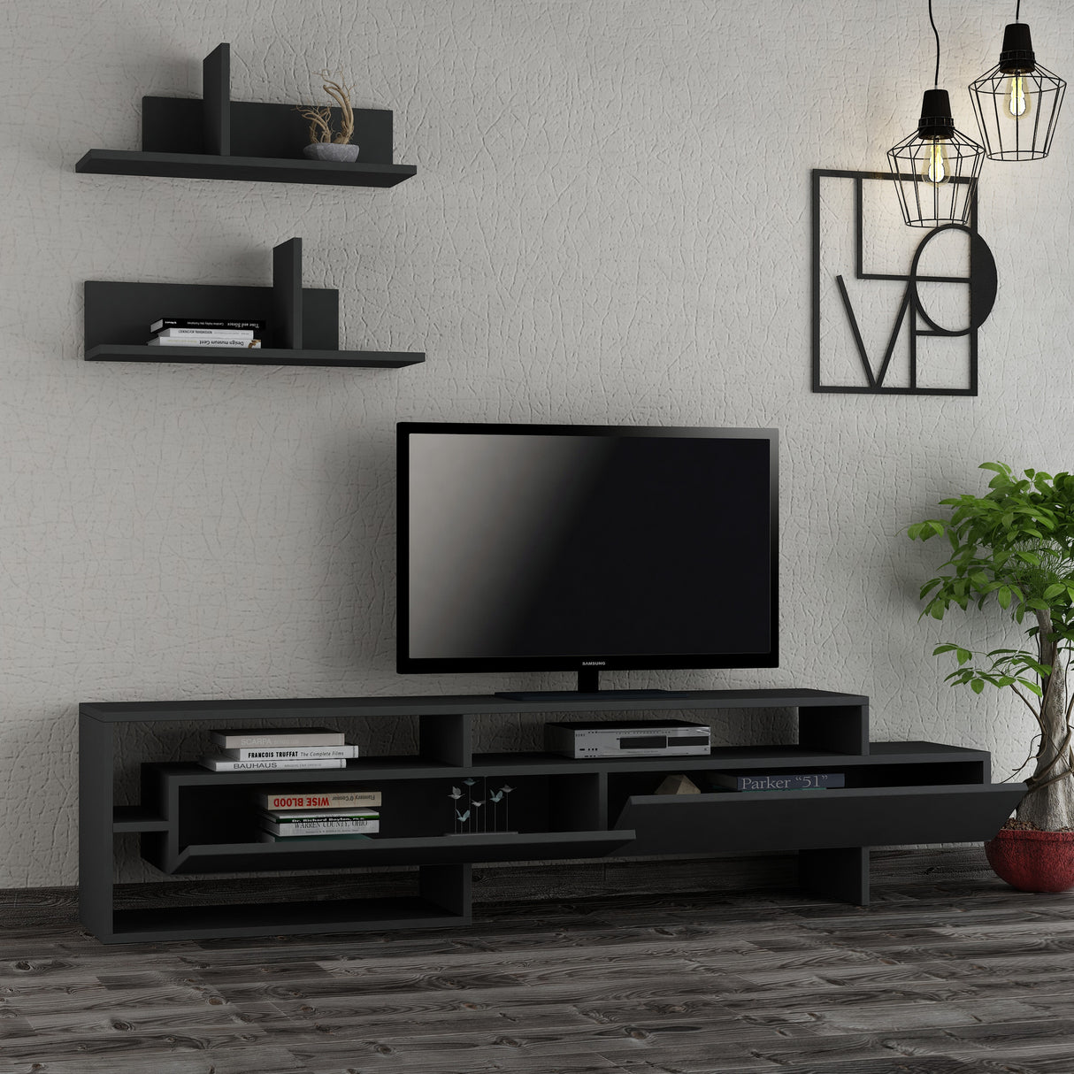 TV Meubels - TV Meubel Set Gara Antraciet Melamine 180x42x32 cm - Dimehouse