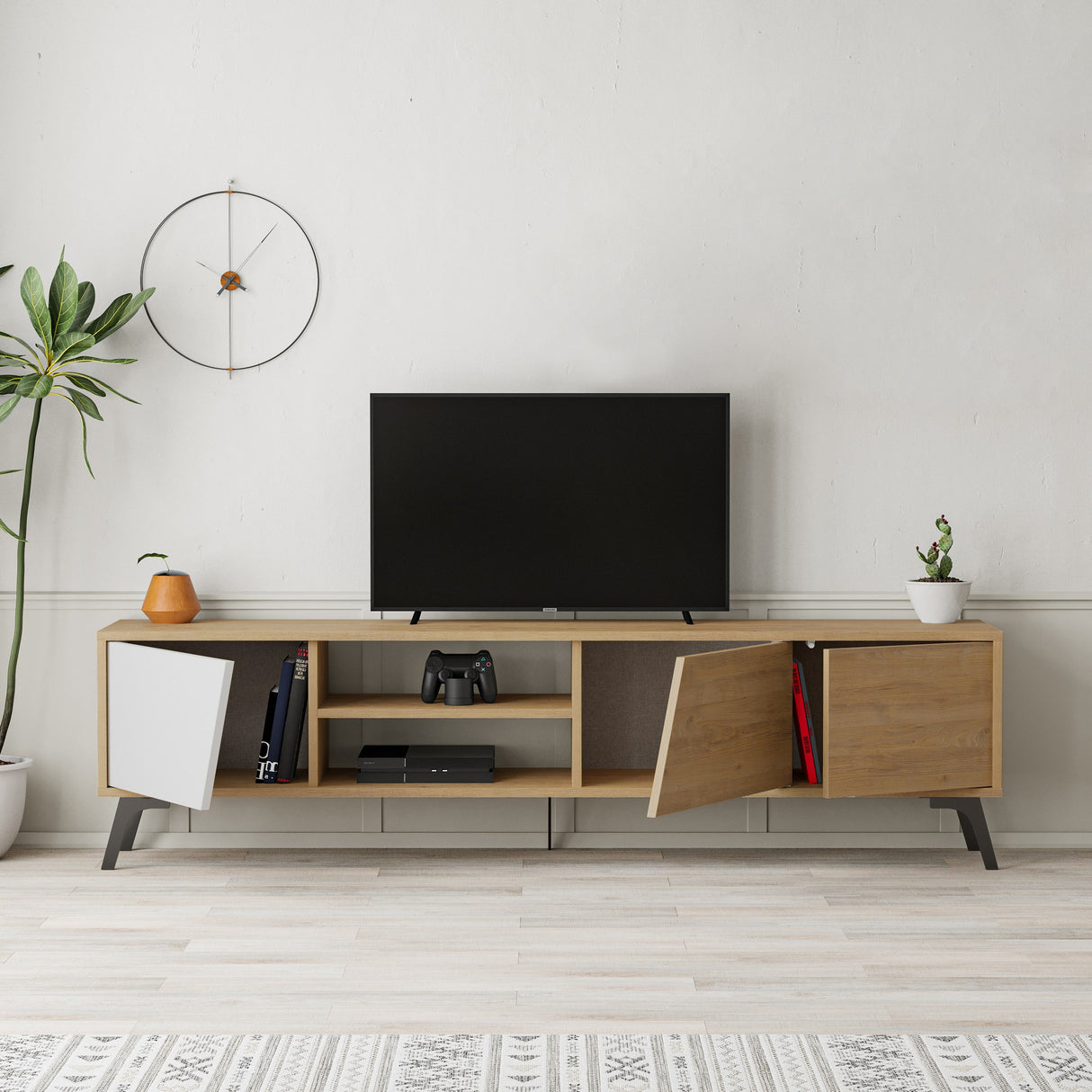 TV Meubels - TV Meubel Fiona Eik Wit Melamine 180x48x35,6 cm - Dimehouse