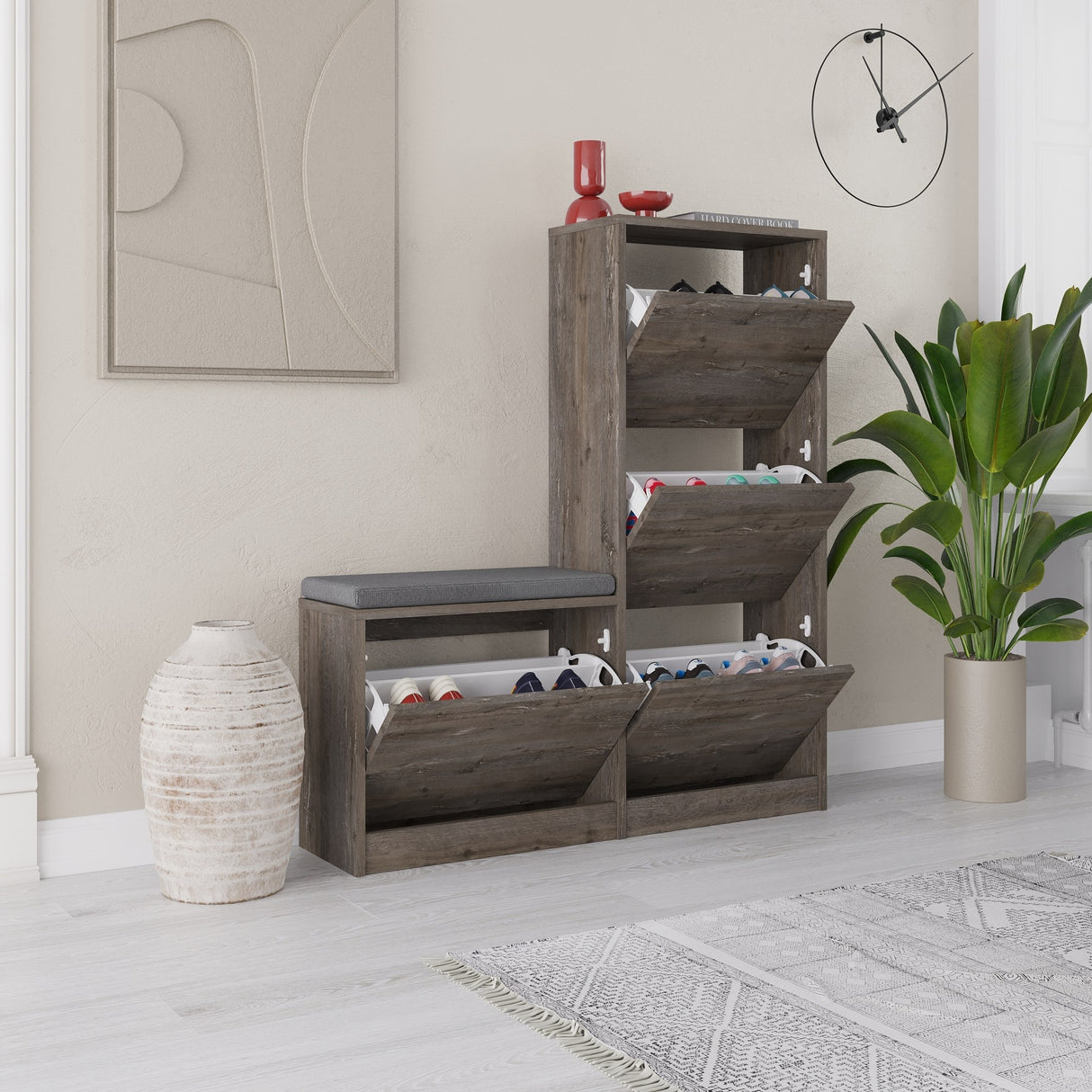 Schoenenkasten - Schoenenkast Dude Donkerbruin Melamine 105x118,5x26 cm - Dimehouse