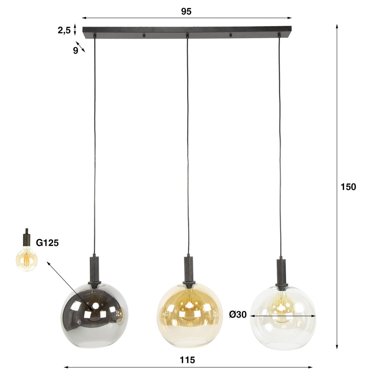 Hanglampen - Hanglamp 3 - lichts gekleurd glas zwart metaal Valeo 115 cm - Dimehouse