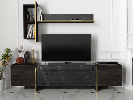 Set di mobili TV Veyron Nero Oro Melamina 180x45x32,3 cm