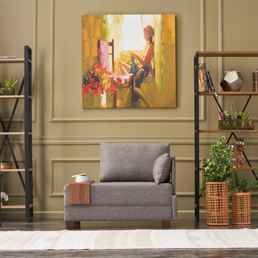 Poltroncina Moderna In Tessuto Marrone Fly - Destra - Con Tavolino In Legno