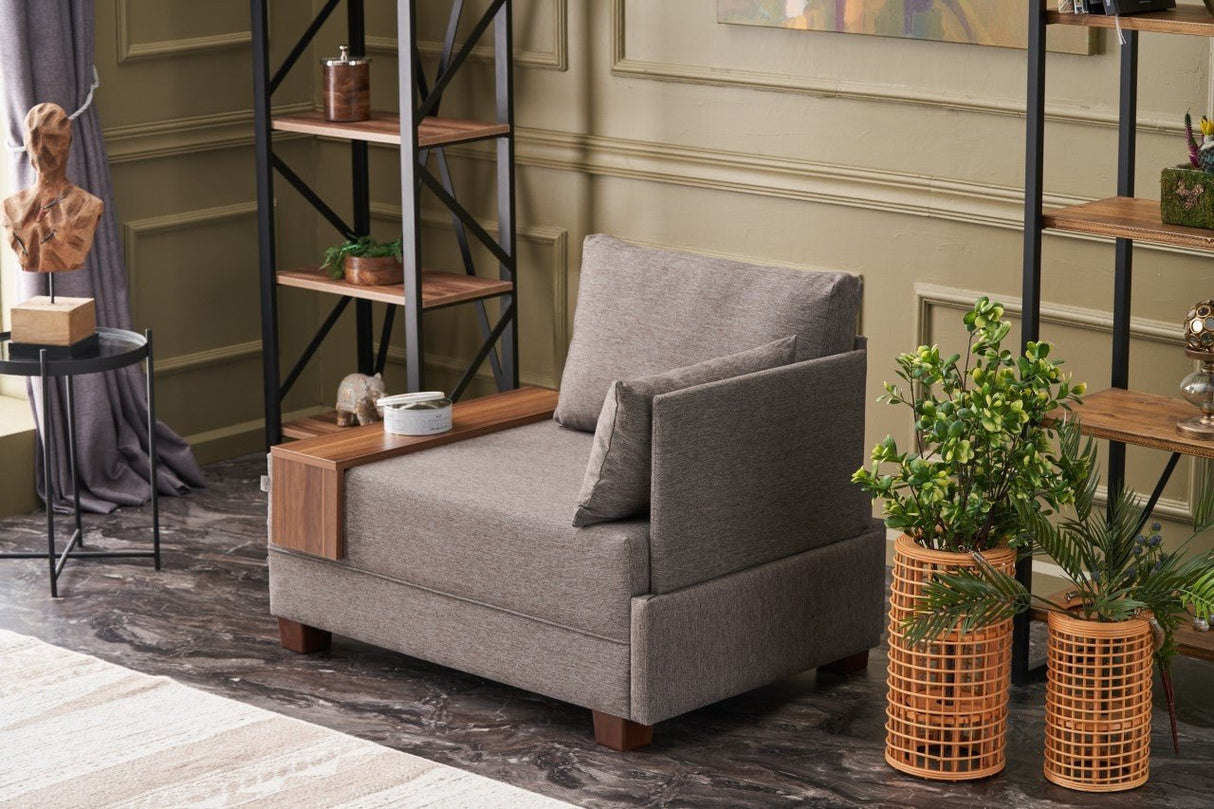 Poltroncina Moderna In Tessuto Marrone Fly - Destra - Con Tavolino In Legno