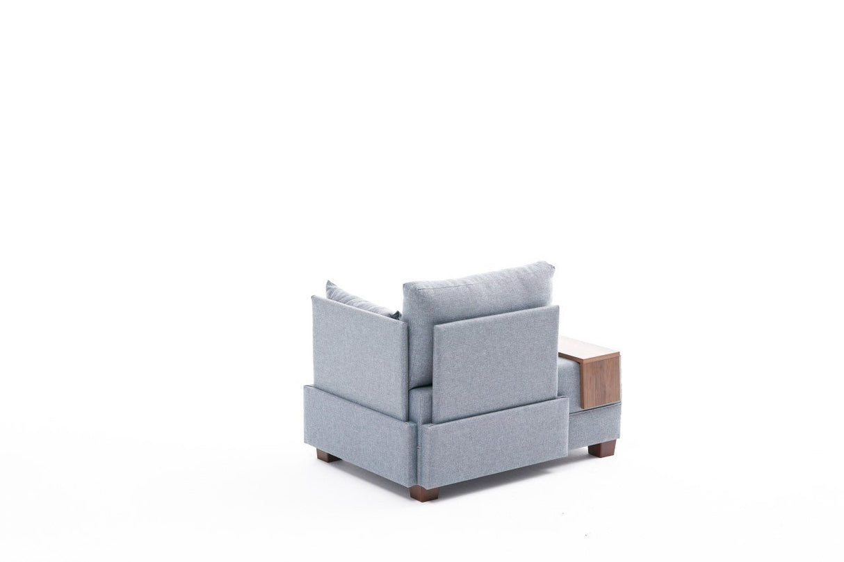 Fauteuils - Moderne Fauteuil Blauw Stof Fly - Rechts - Met Houten Tafeltje - Dimehouse