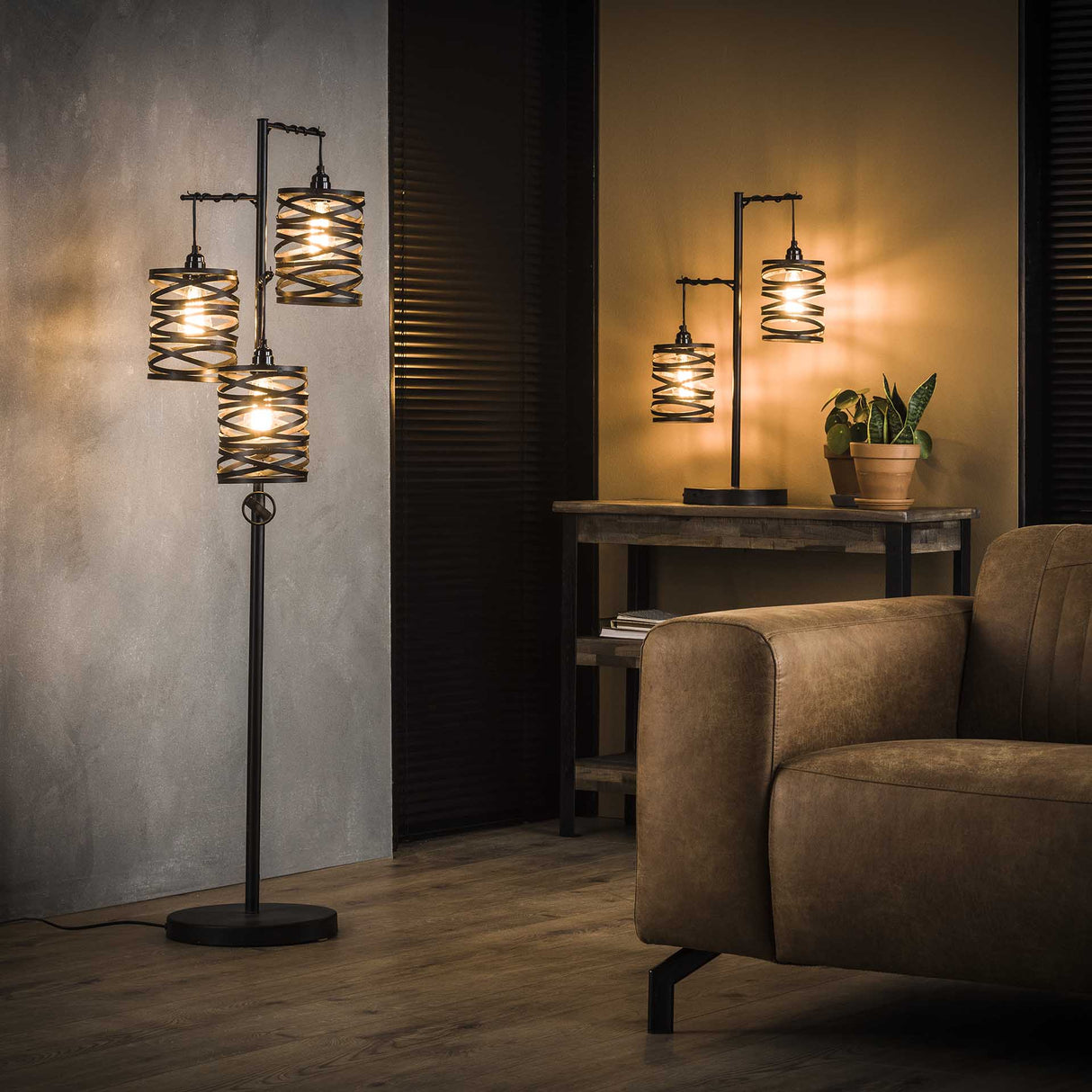 Lampada da Terra Industriale Spin in Metallo a 3 Luci Grigio Ardesia