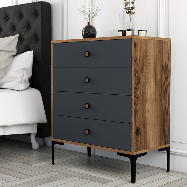Ladekasten - Ladekast Lizbon Walnoot Antraciet Melamine 76x90,7x40 cm - 4 lades - Dimehouse