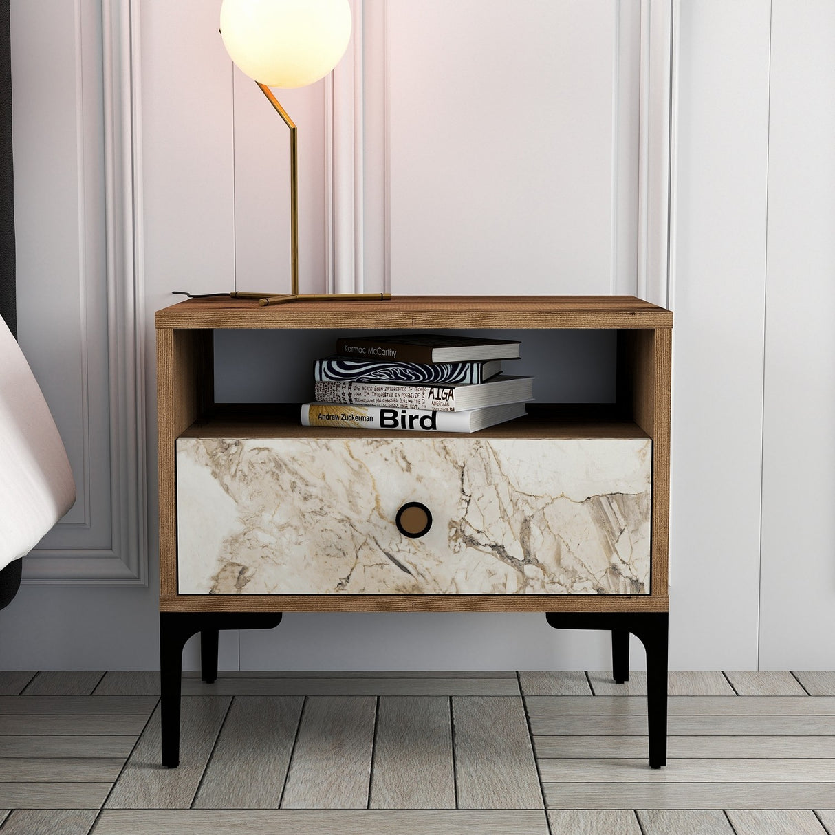 Nachtkastjes - Nachtkastje Lizbon Walnoot Wit Marmer Melamine 56x50,8x40 cm - Dimehouse