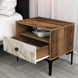 Nachtkastjes - Nachtkastje Lizbon Walnoot Wit Marmer Melamine 56x50,8x40 cm - Dimehouse
