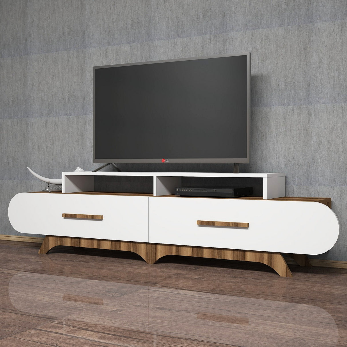 TV Meubels - TV Meubel Flora Walnoot Wit Melamine 205x50x36,8 cm - Dimehouse