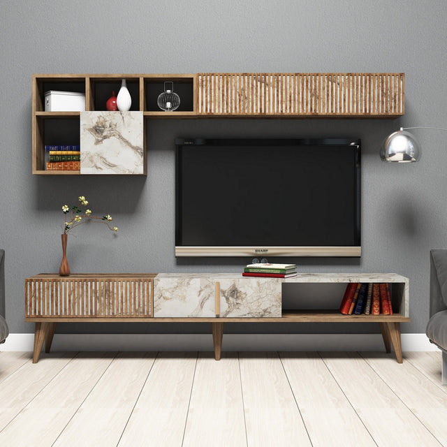 TV Meubels - TV Meubel Set Milan Walnoot Wit Marmer Melamine 180x40x35 cm - Dimehouse
