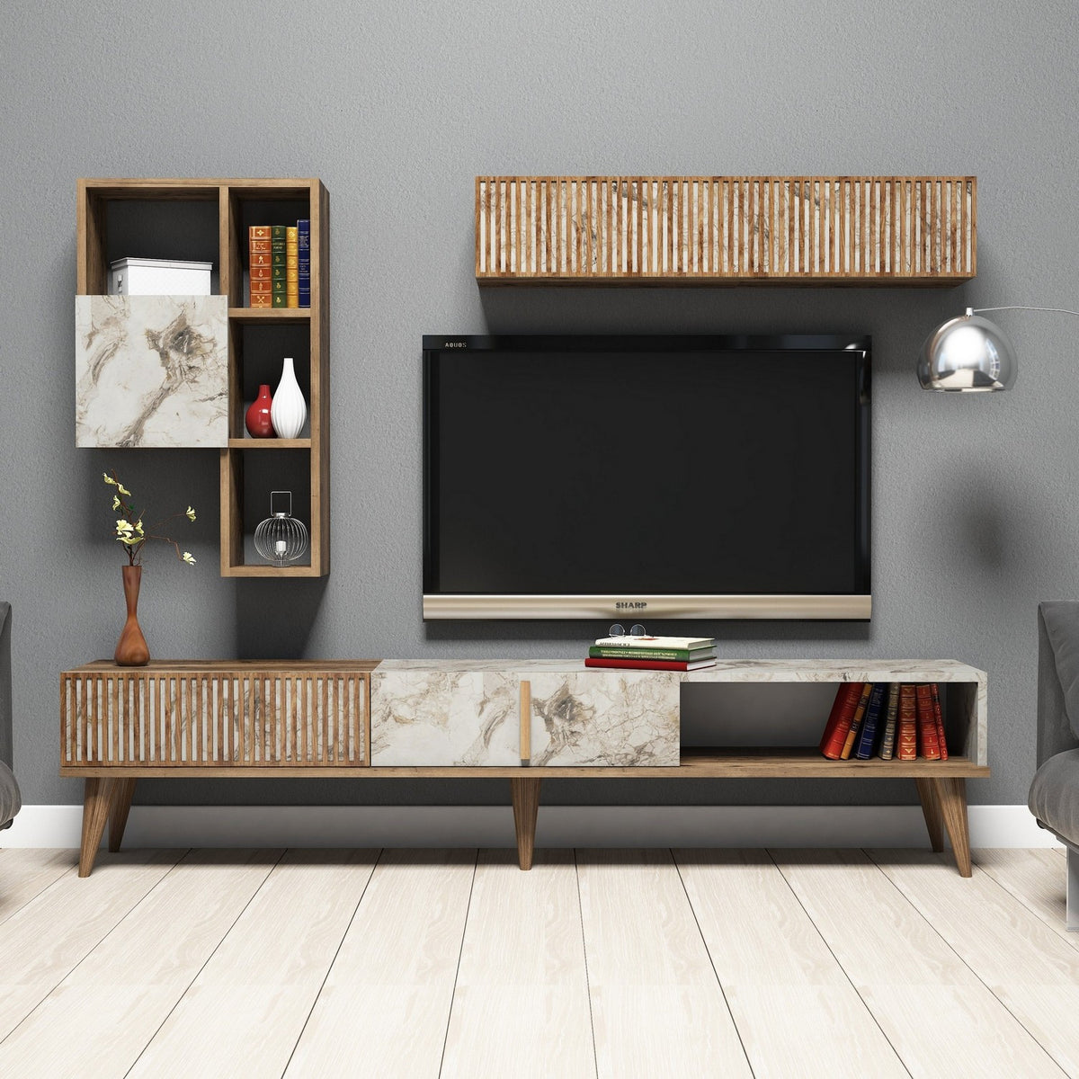 TV Meubels - TV Meubel Set Milan Walnoot Wit Marmer Melamine 180x40x35 cm - Dimehouse