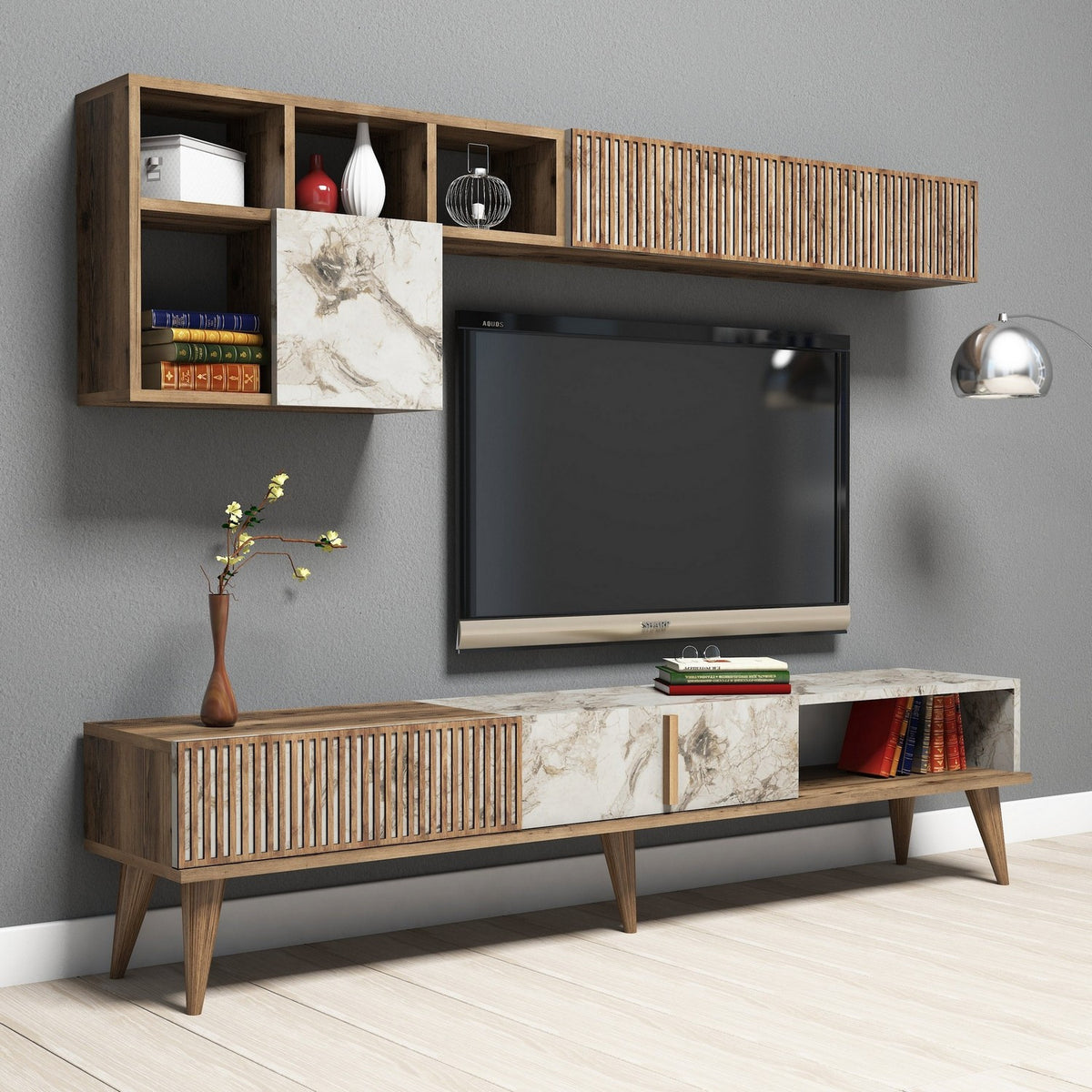 TV Meubels - TV Meubel Set Milan Walnoot Wit Marmer Melamine 180x40x35 cm - Dimehouse