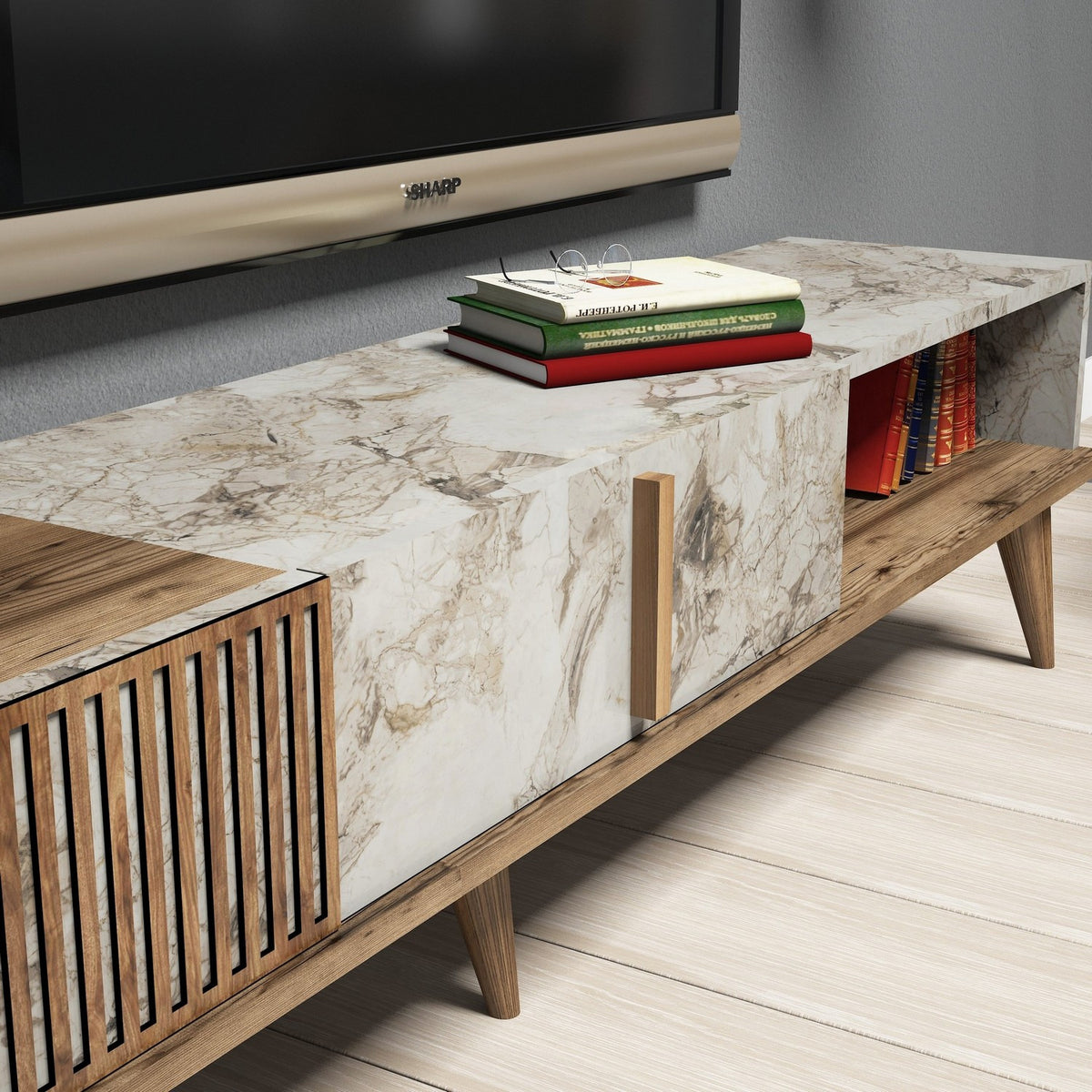 TV Meubels - TV Meubel Set Milan Walnoot Wit Marmer Melamine 180x40x35 cm - Dimehouse