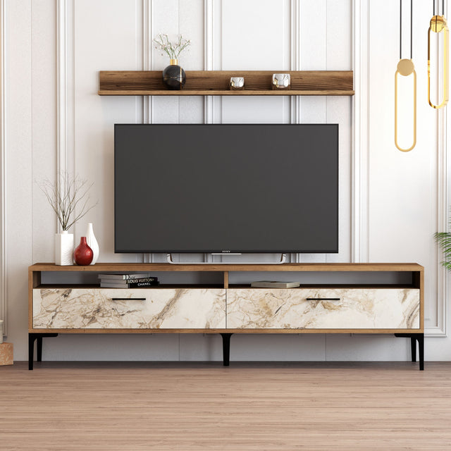 TV Meubels - TV Meubel Set Istanbul Walnoot Wit Marmer Melamine 180x47x35 cm - Dimehouse