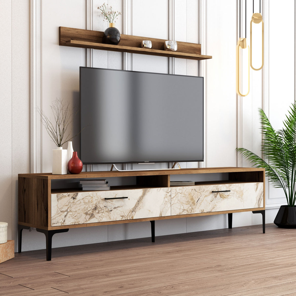 TV Meubels - TV Meubel Set Istanbul Walnoot Wit Marmer Melamine 180x47x35 cm - Dimehouse