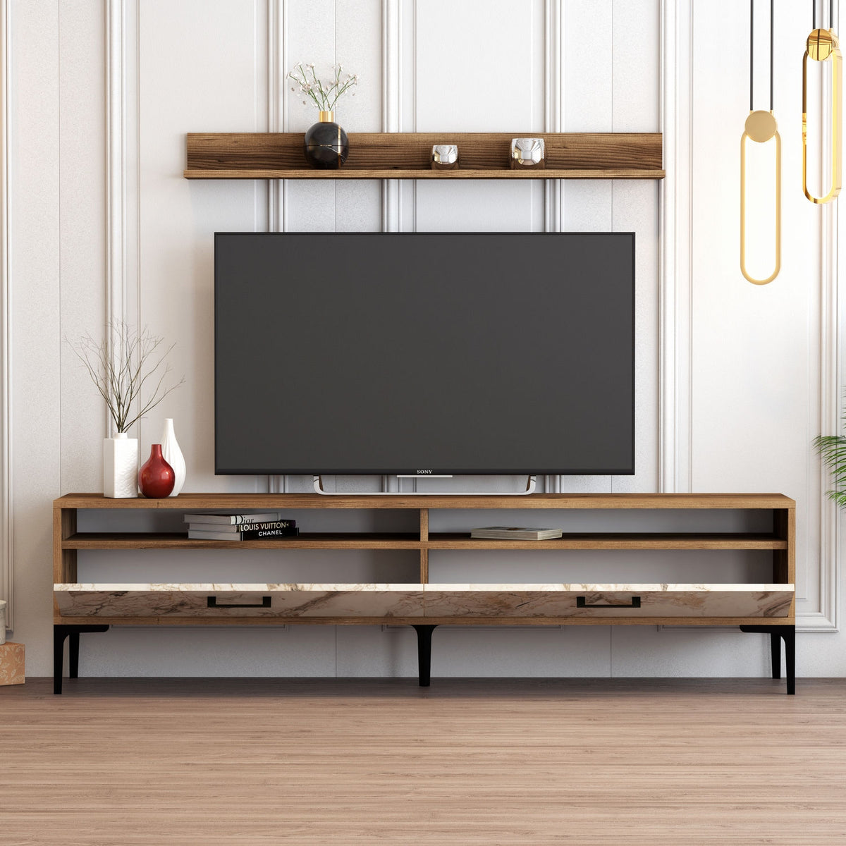 TV Meubels - TV Meubel Set Istanbul Walnoot Wit Marmer Melamine 180x47x35 cm - Dimehouse