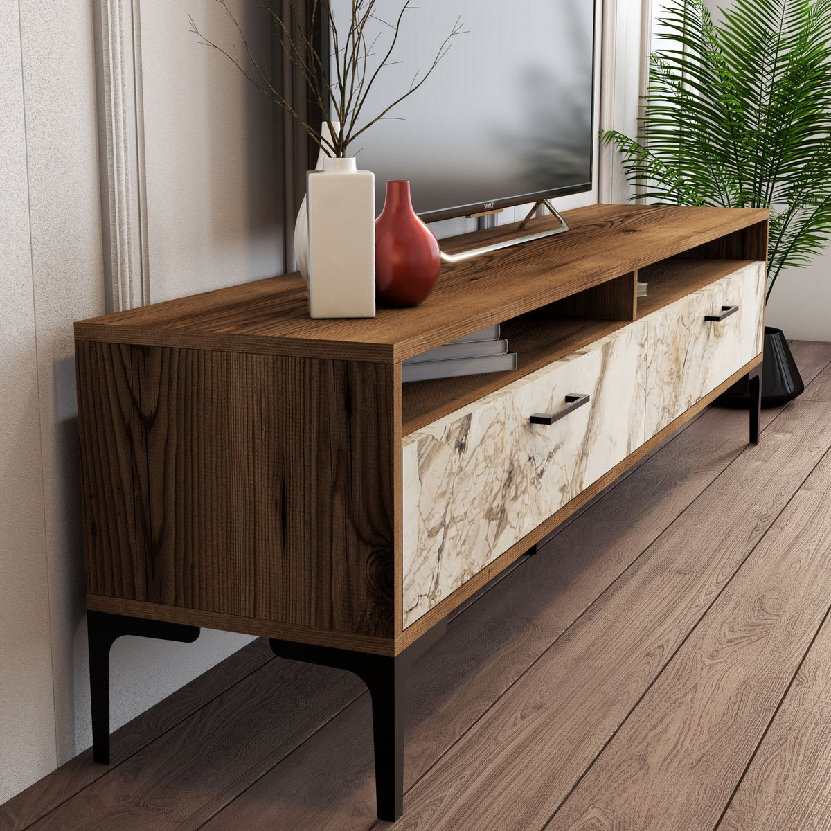 TV Meubels - TV Meubel Set Istanbul Walnoot Wit Marmer Melamine 180x47x35 cm - Dimehouse
