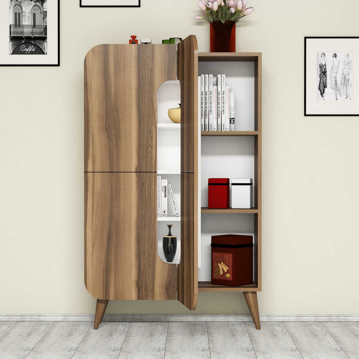 Wandkasten - Wandkast Mine Walnoot Wit Melamine 93x144x31,8 cm - Dimehouse