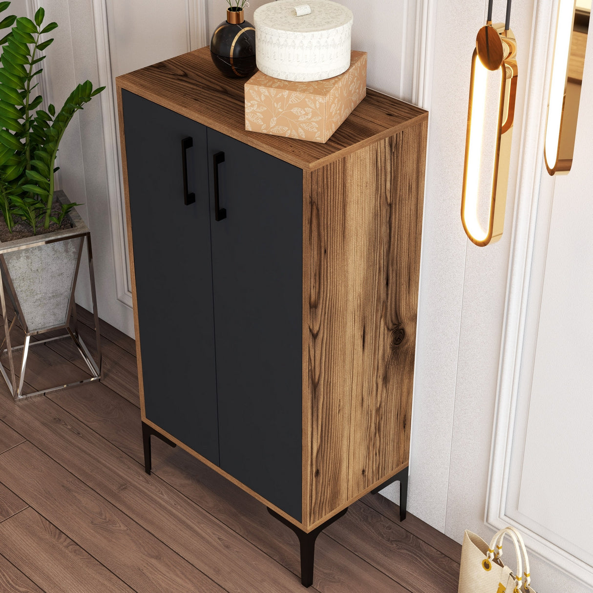 Schoenenkasten - Schoenenkast Prag Walnoot Antraciet Melamine 60x111x35 cm - Dimehouse
