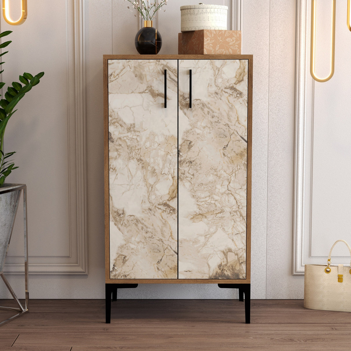 Schoenenkasten - Schoenenkast Prag Walnoot Wit Marmer Melamine 60x111x35 cm - Dimehouse